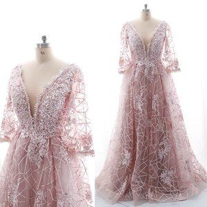 Cap Sleeves Embroidery Prom Dress Dusty Pink Formal Evening Gown